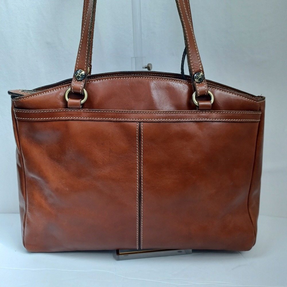 Patricia Nash Cognac Leather Tote Bag‎ Front Zip Contrast Stitching Brown - Picture 2 of 16